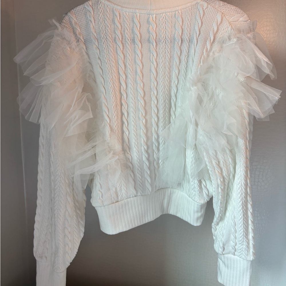 Free People White V-Neck Sweater with Cable Knit and Ruffles - Picture 2 of 4